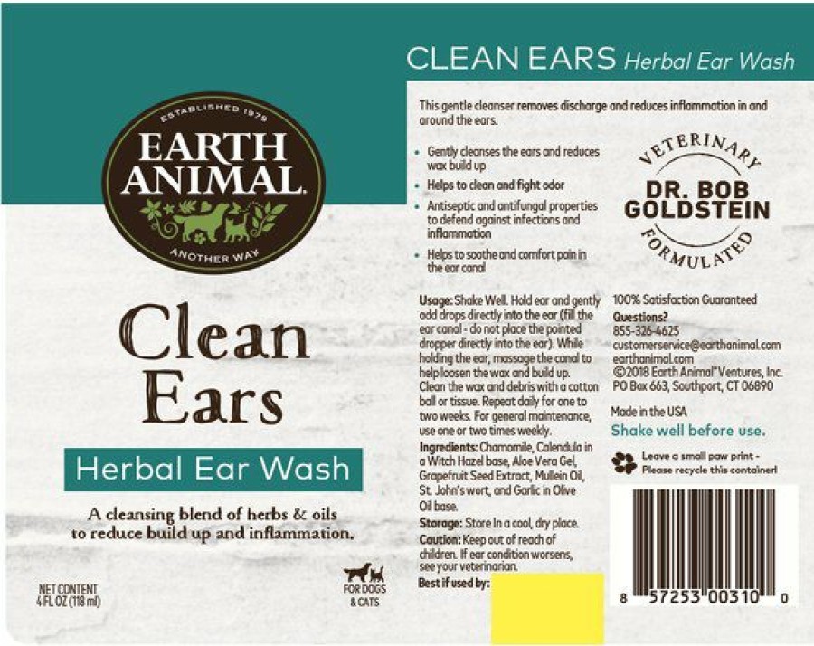 Cat Healthcare * | Shop Earth Animal Herbal Topical Remedies Clean Ears Dog & Cat Ear Wash, 4-Oz Bottle