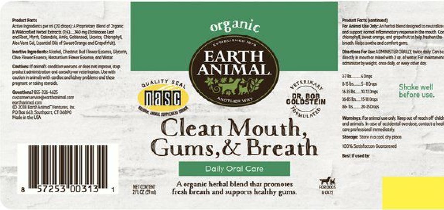 Cat Vitamins & Supplements * | Outlet Earth Animal Clean Mouth, Gums & Breath Liquid Dental Supplement For Dogs & Cats, 2-Oz Bottle