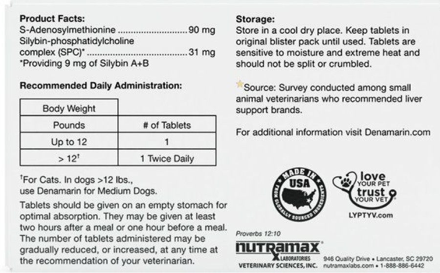 Cat Vitamins & Supplements * | Outlet Nutramax Denamarin Tablets Liver Supplement For Cats & Dogs