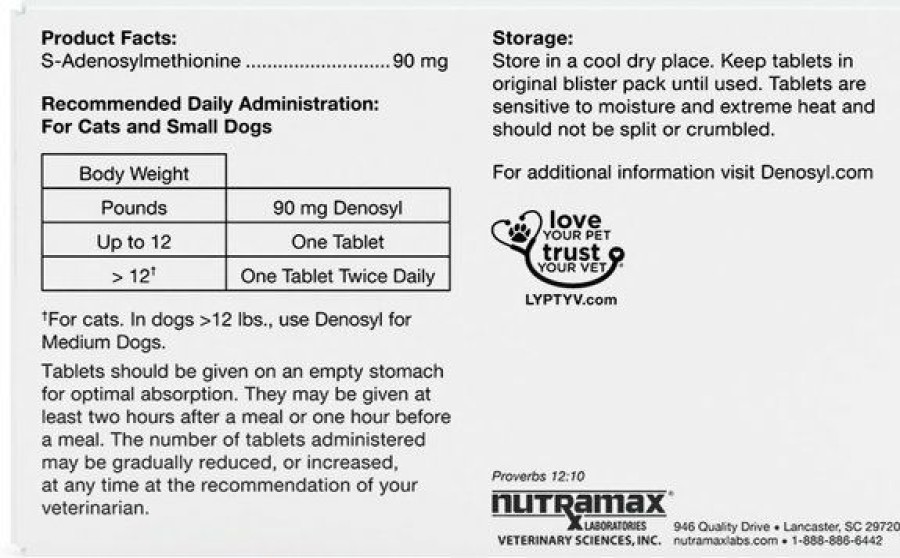 Cat Vitamins & Supplements * | Discount Nutramax Denosyl Tablets Liver Supplement For Cats & Dogs, 30 Count