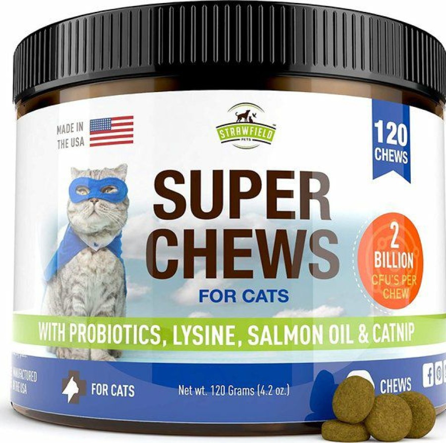 Cat Vitamins & Supplements * | Discount Strawfield Pets Super Chews With Probiotics, Lysine, Salmon Oil & Catnip Soft Chews Cat Supplement, 120 Count