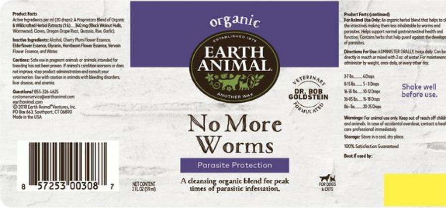 Cat Vitamins & Supplements * | Discount Earth Animal No More Worms Liquid Digestive Supplement For Dogs & Cats, 2-Oz Bottle