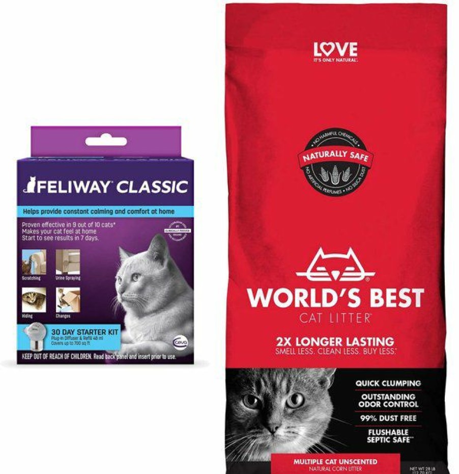 Cat Healthcare * | Shop Bundle: Feliway Classic 30 Day Starter Kit Calming Diffuser For Cats + World'S Best Multi-Cat Unscented Clumping Corn Cat Litter, 28-Lb Bag