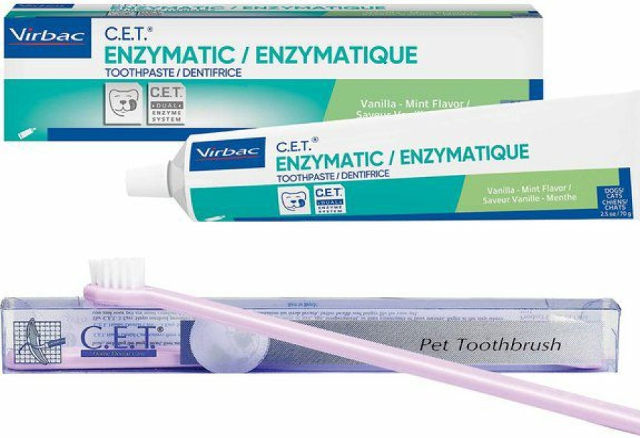 Cat Healthcare * | Outlet Bundle: Virbac C.E.T. Dog & Cat Toothbrush, Color Varies + Virbac C.E.T. Enzymatic Vanilla Mint Flavored Dog & Cat Toothpaste, 70 Gram