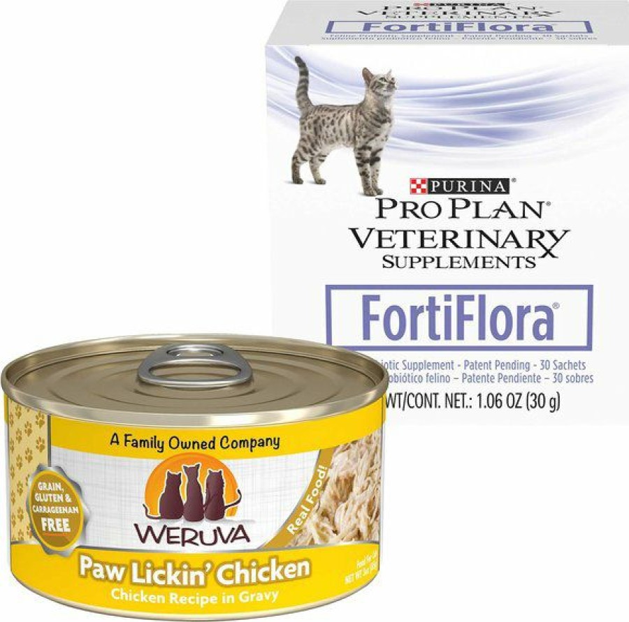 Cat Vitamins & Supplements * | Discount Bundle: Weruva Paw Lickin' Chicken In Gravy Grain-Free Canned Cat Food, 3-Oz, Case Of 24 + Purina Pro Plan Veterinary Diets Fortiflora Powder Digestive Supplement For Cats, 30 Count