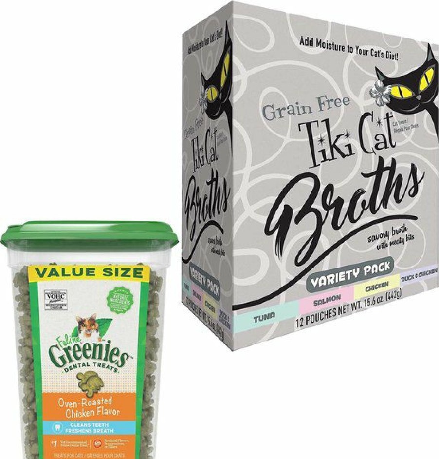 Cat Healthcare * | New Bundle: Greenies Feline Oven Roasted Chicken Flavor Adult Dental Cat Treats, 9.75-Oz Tub + Tiki Cat Broths Variety Pack Grain-Free Wet Cat Food Topper, 1.3-Oz Pouch, Case Of 12