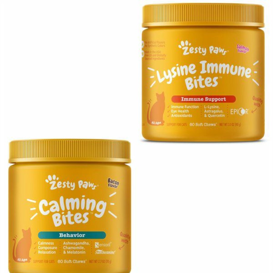 Cat Vitamins & Supplements * | Outlet Bundle: Zesty Paws Calming Bites Bacon Flavored Soft Chews Calming Supplement For Cats, 60 Count + Zesty Paws Lysine Immune Bites Salmon Flavored Soft Chews Allergy & Immune Supplement For Cats, 60 Count